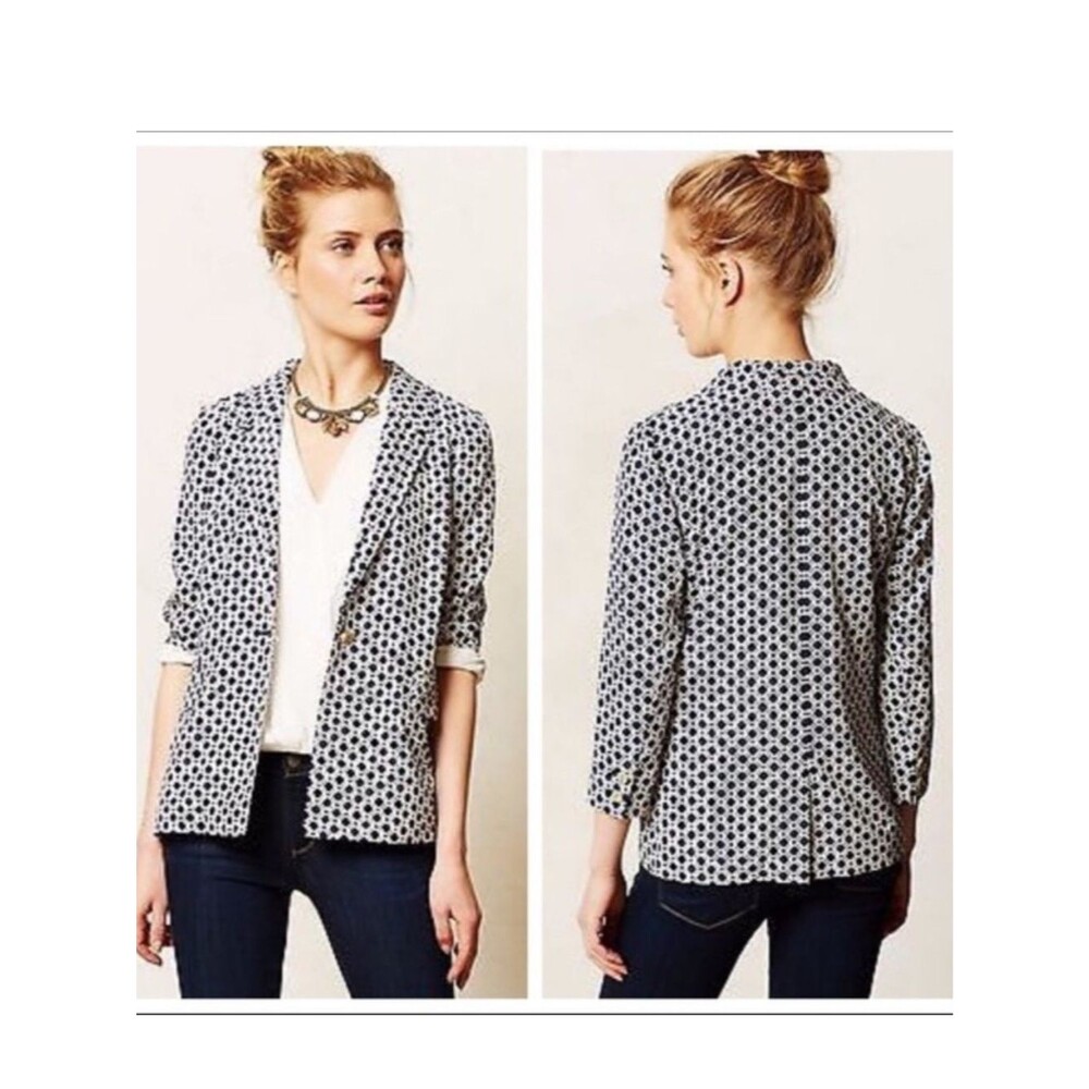 Anthropologie Cartonnier Navy White Geometric Single-Button Women’s Blazer Small